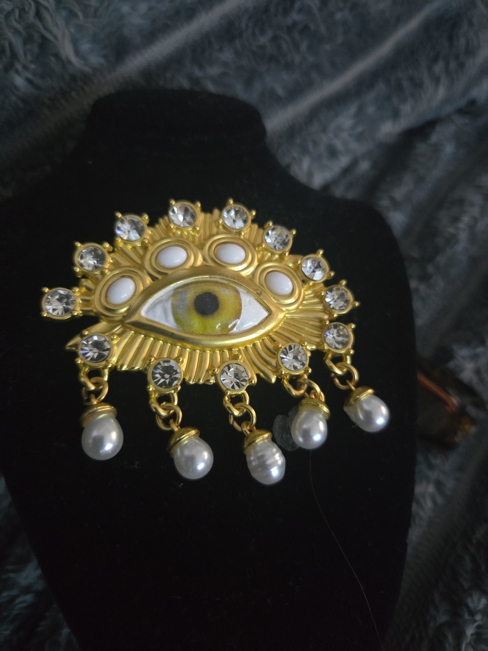 Schiaparelli Inspired Gold Eye Statement Brooch w/ Yellow Enamel and Pearl Drops